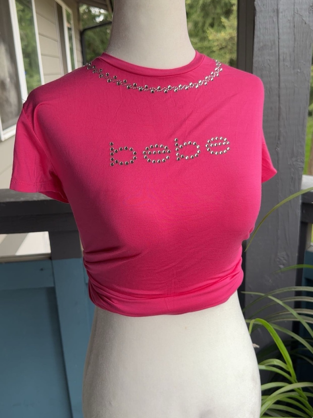 bebe Pink Rhinestone  logo Tee Sz L